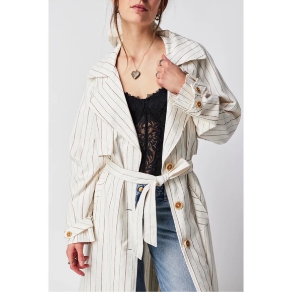 Free People We The Free Melia Mac Pinstripe Trench Coat Ivory - Picture 2 of 8